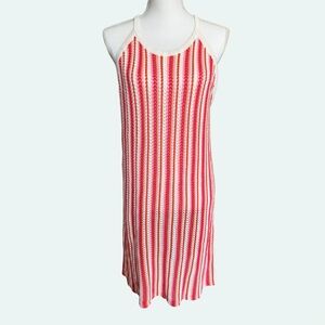 C&C CALIFORNIA Crochet Dress Beach Cover Up Stripes Red Coral Pink White Size L